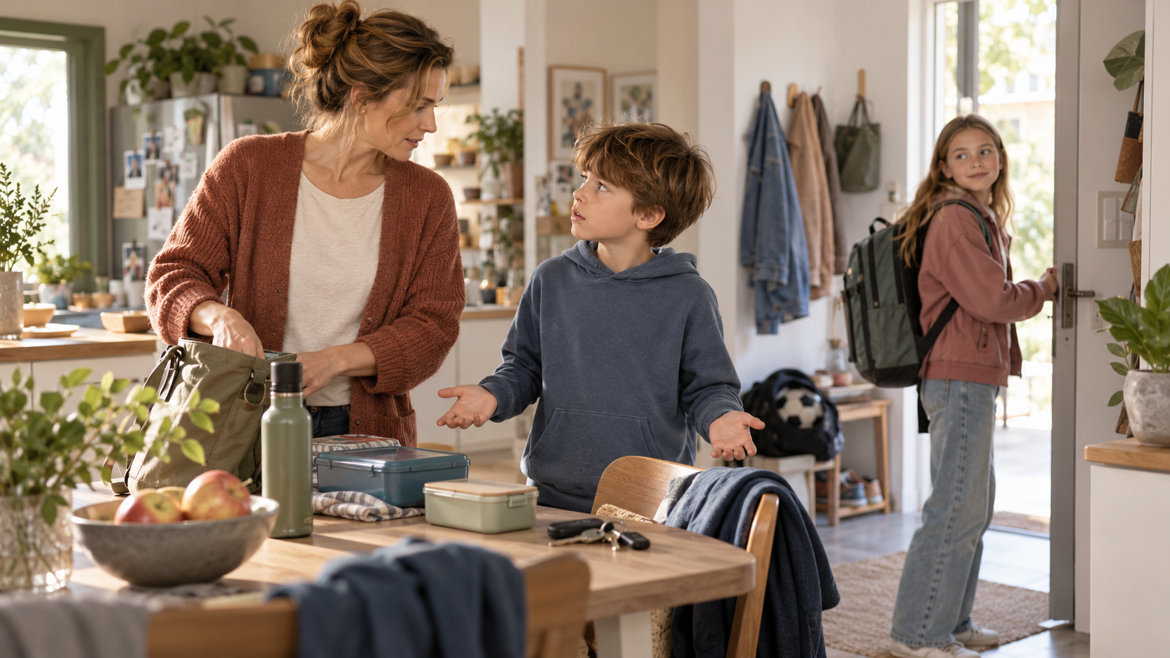 Eine Mutter steht mit ihren beiden Kindern zwischen Frühstückstisch und Haustür