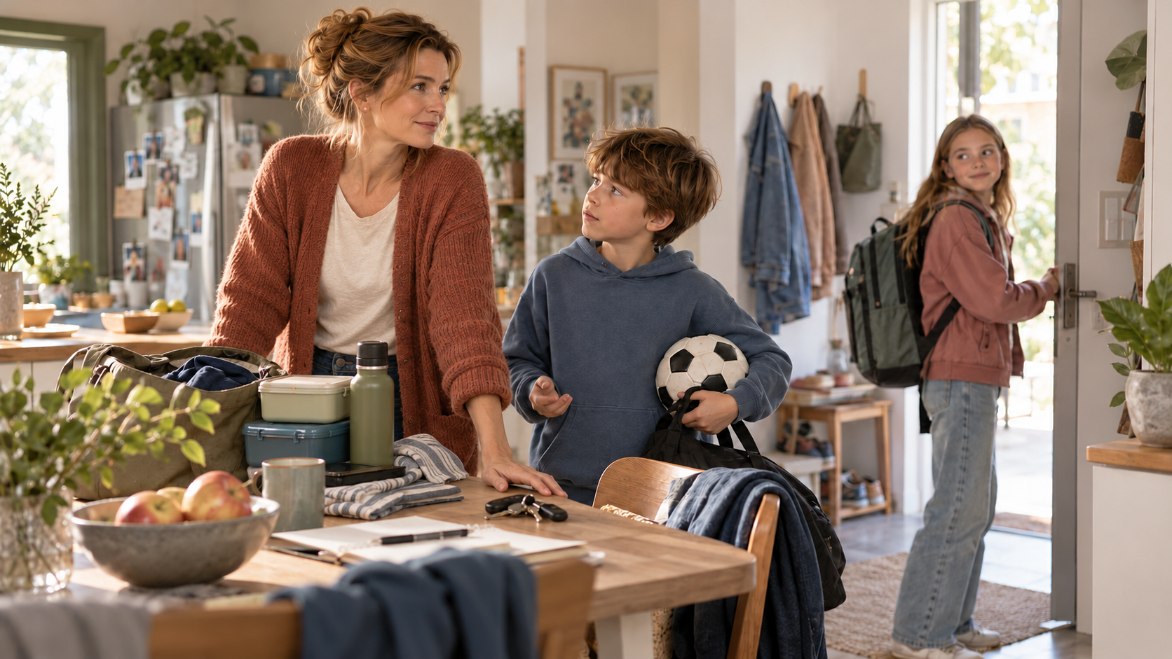 Die Mutter nimmt sich mitten im unruhigen Morgen einen kurzen Moment, bevor sie antwortet