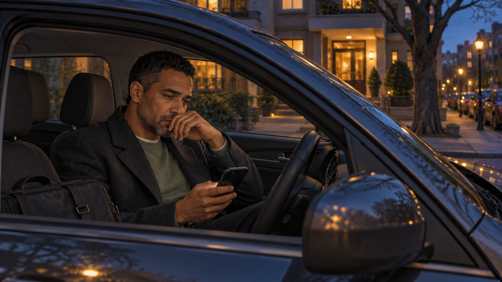 Ein Mann sitzt nach Feierabend im geparkten Auto vor seinem Wohnhaus