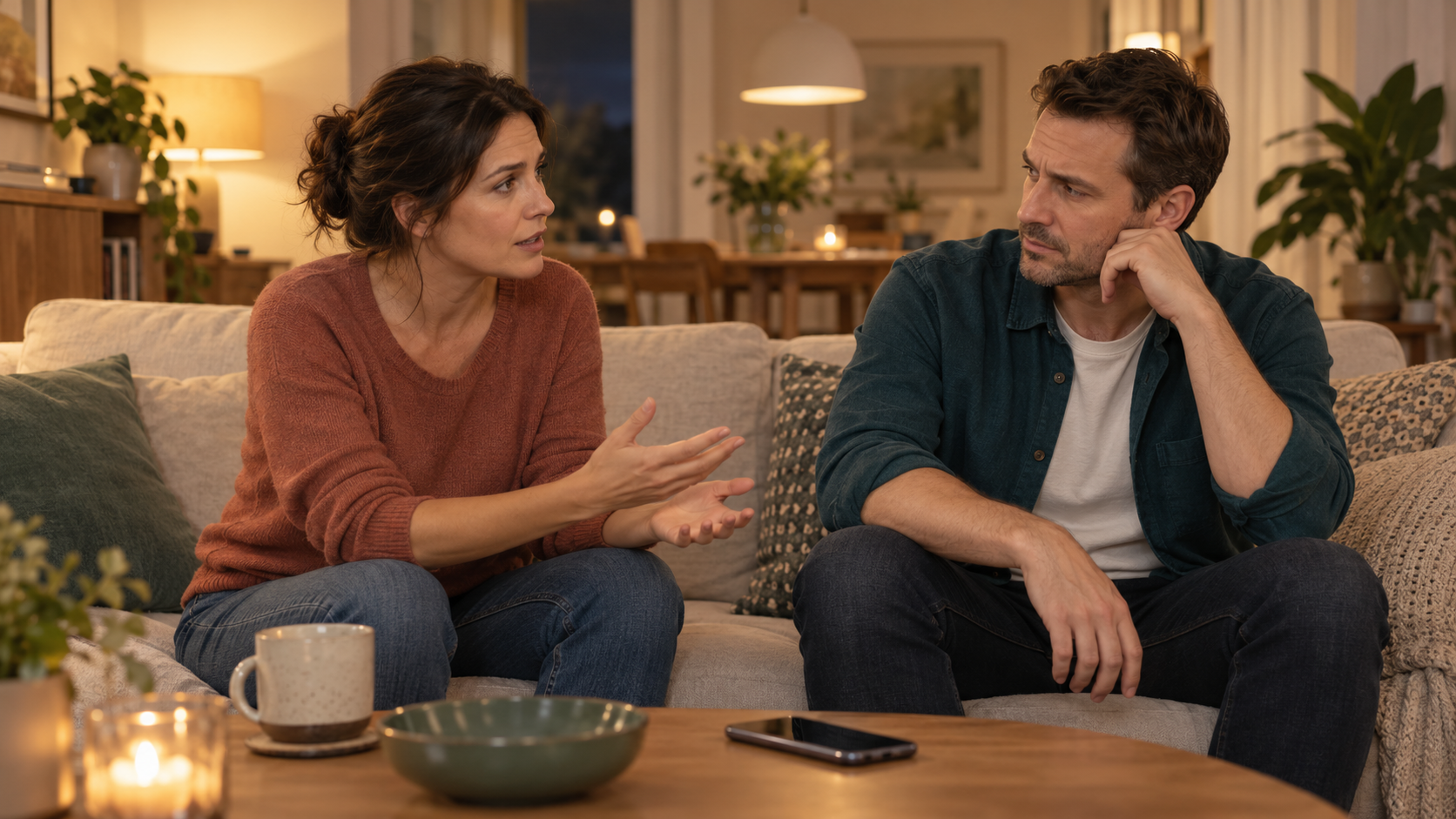 Eine Frau spricht am Abend ernst mit ihrem Partner im Wohnzimmer