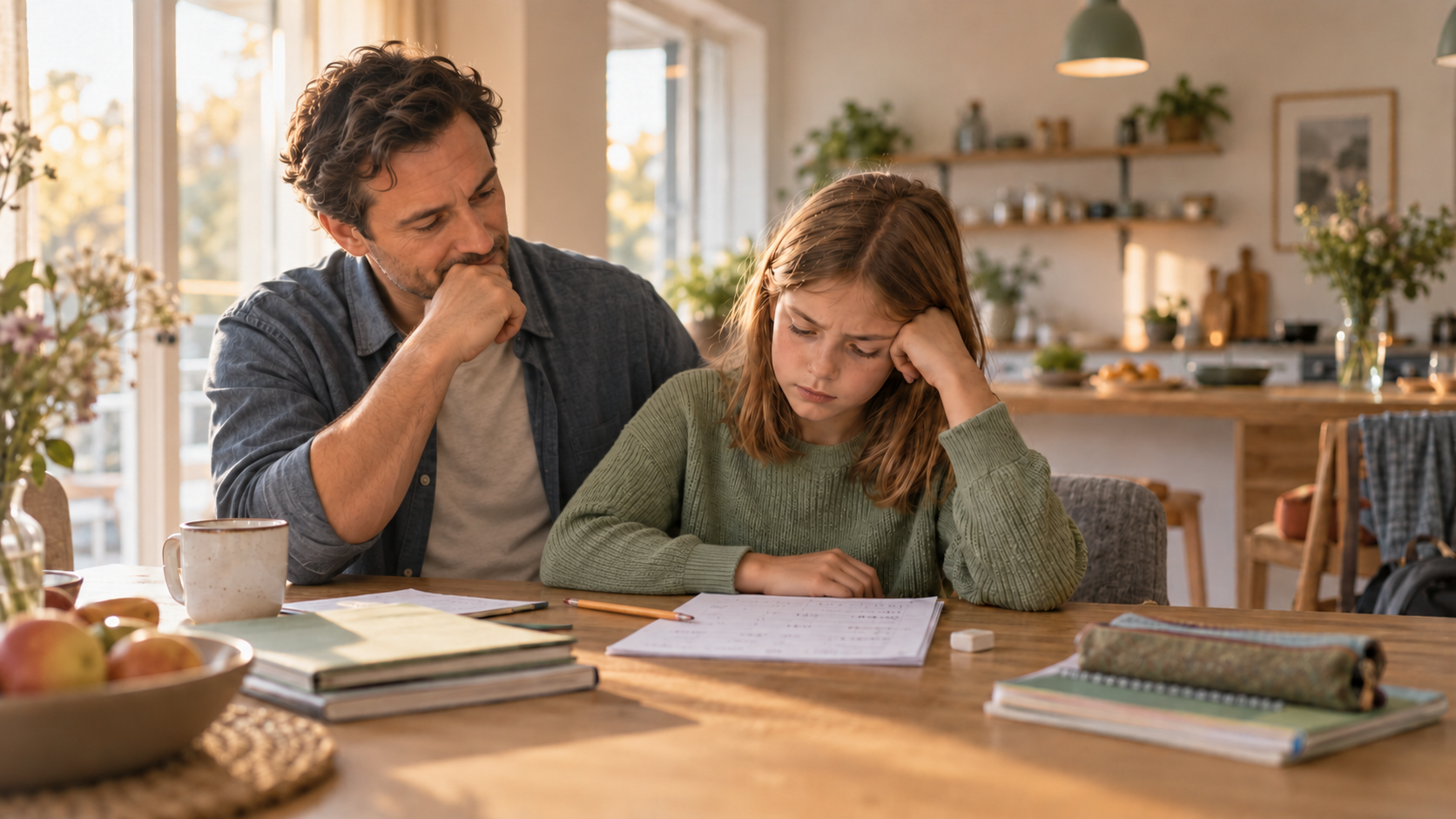 Der Vater h&auml;lt einen Moment inne, w&auml;hrend das ungel&ouml;ste Arbeitsblatt vor beiden liegt