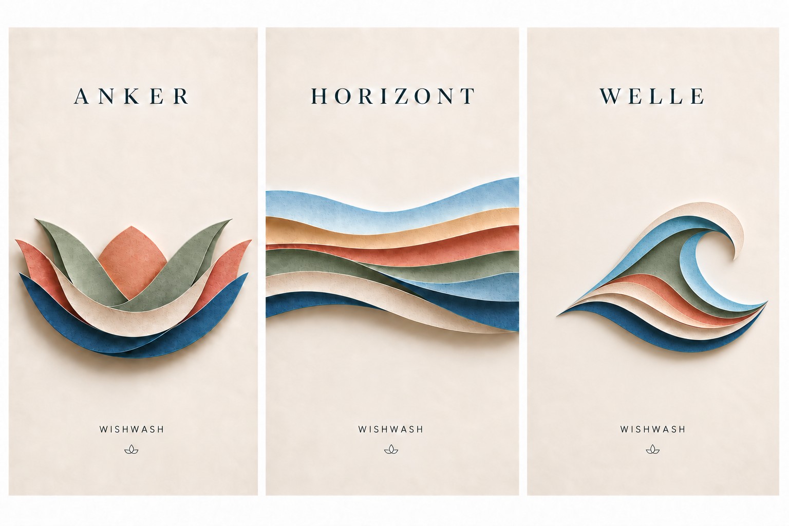 Papercut-Motiv Anker mit tragenden Bögen in Terrakotta, Salbei, Creme und tiefem Blau