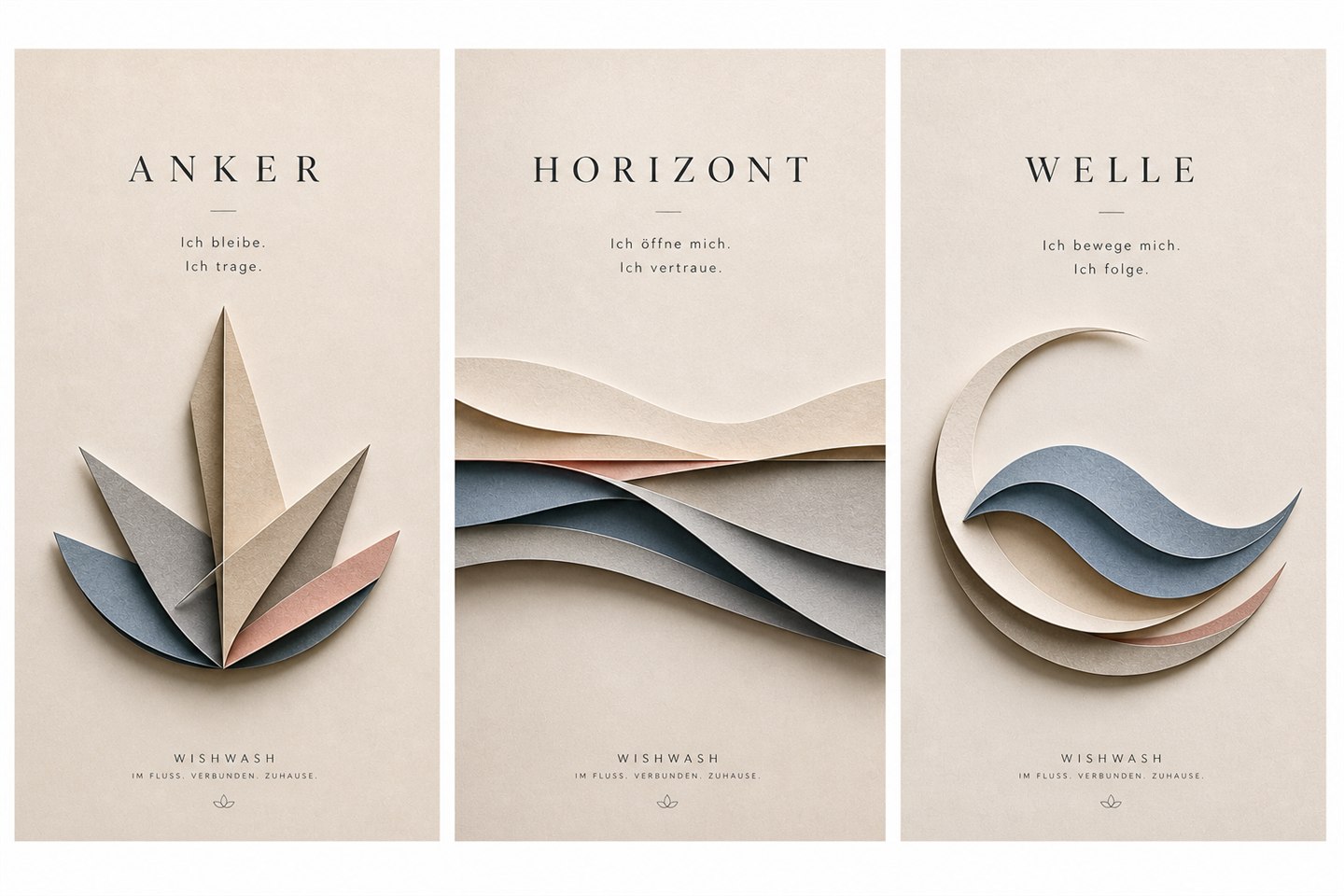 Drei Wishwash-Motive: Anker, Horizont und Welle in Papieroptik